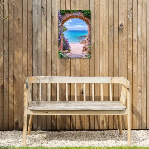 Doorkijk - Poort - Zee - Strand - Rotsen Tuinposter op houten frame 2 cm dik klein -sfeer4