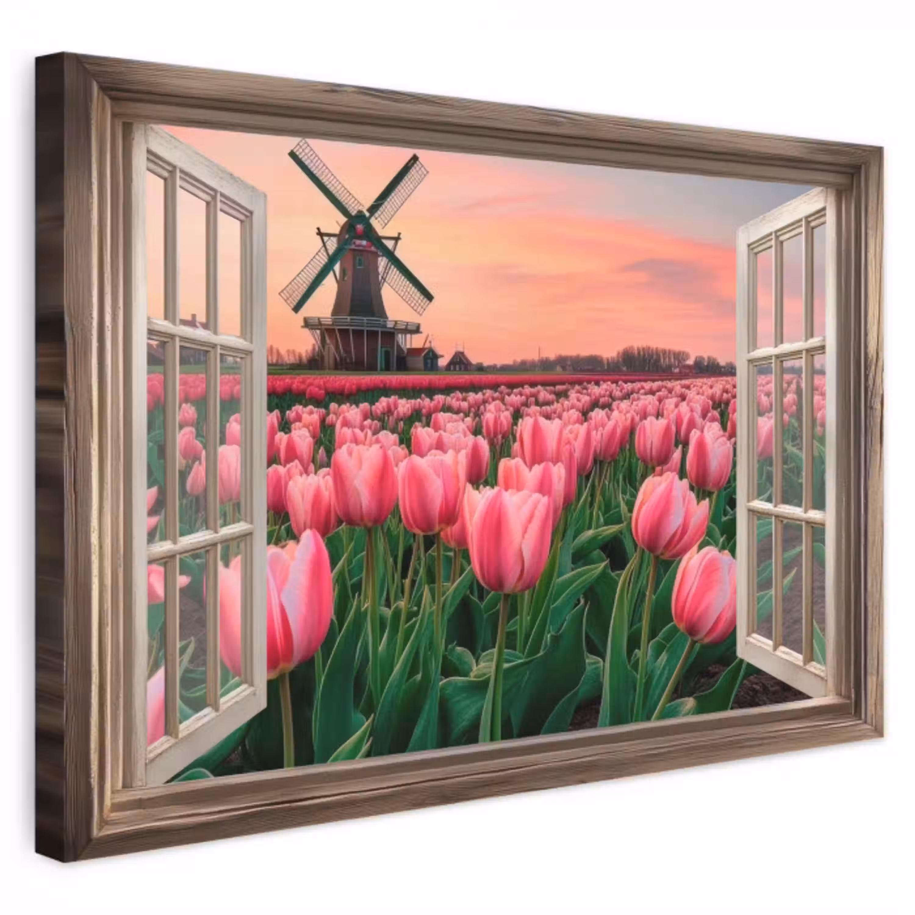 Doorkijk - Tulpen - Bloemen - Molen - Raam canvas 2cm klein -3d