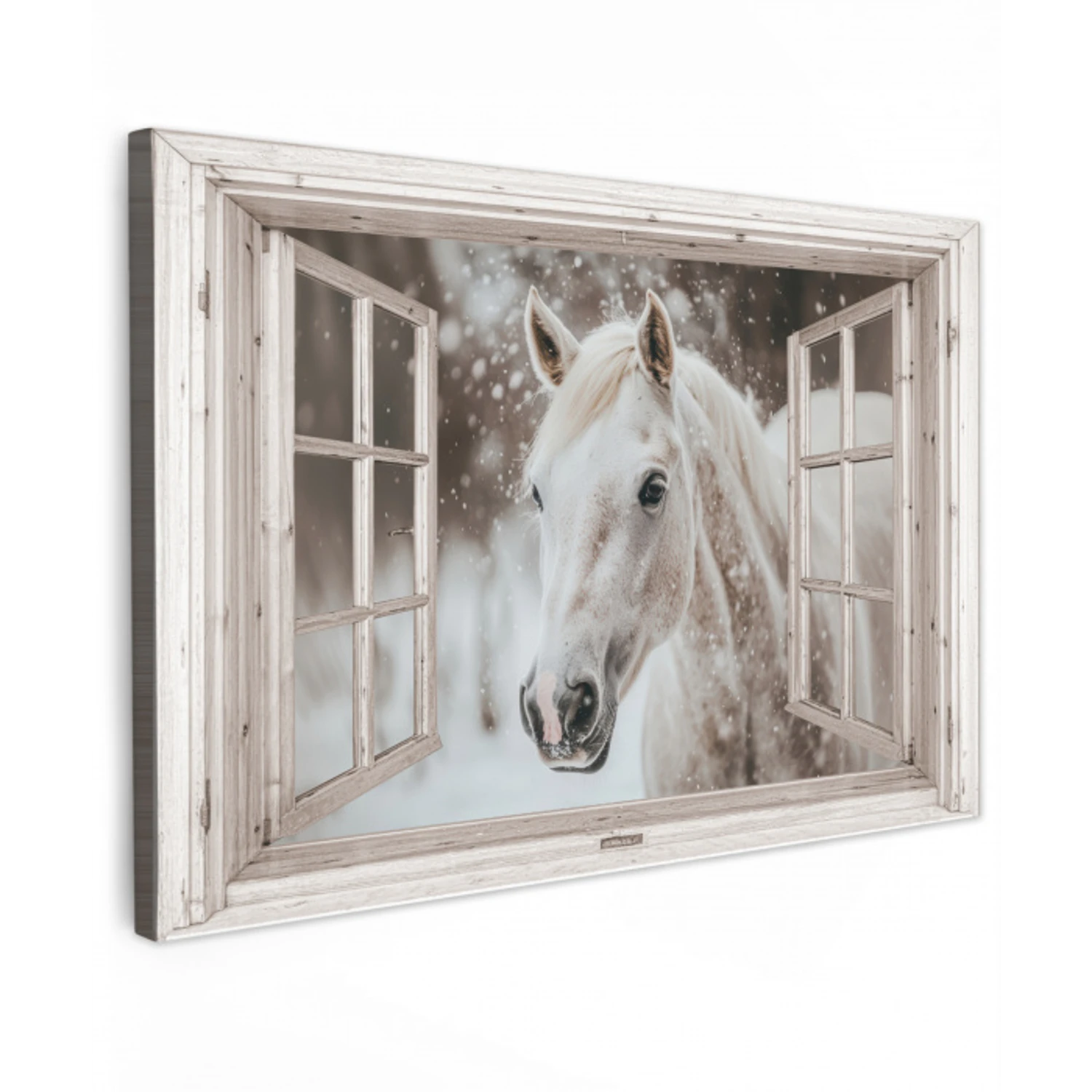 Paard - Wit - Winter - Sneeuw - Doorkijk - Dieren Tuinposter op houten frame 2 cm dik klein -3d