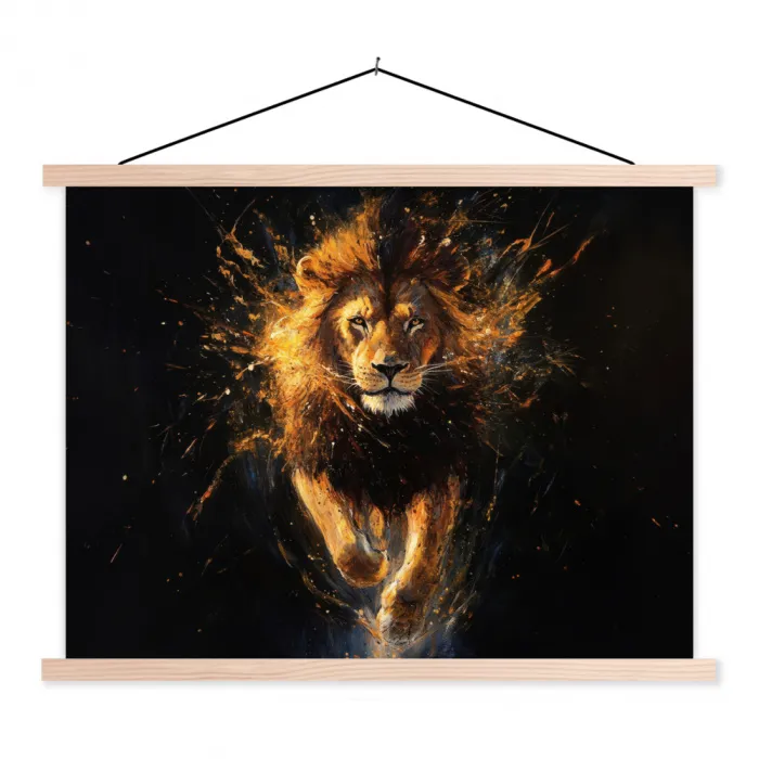 Leeuw - Zwart - Oranje - Verf textielposter latten blank klein -3d