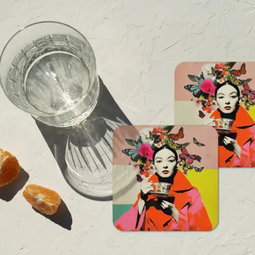 Retro - Vrouw - Kopje - Vlinders onderzetter kurk middel -sfeer4
