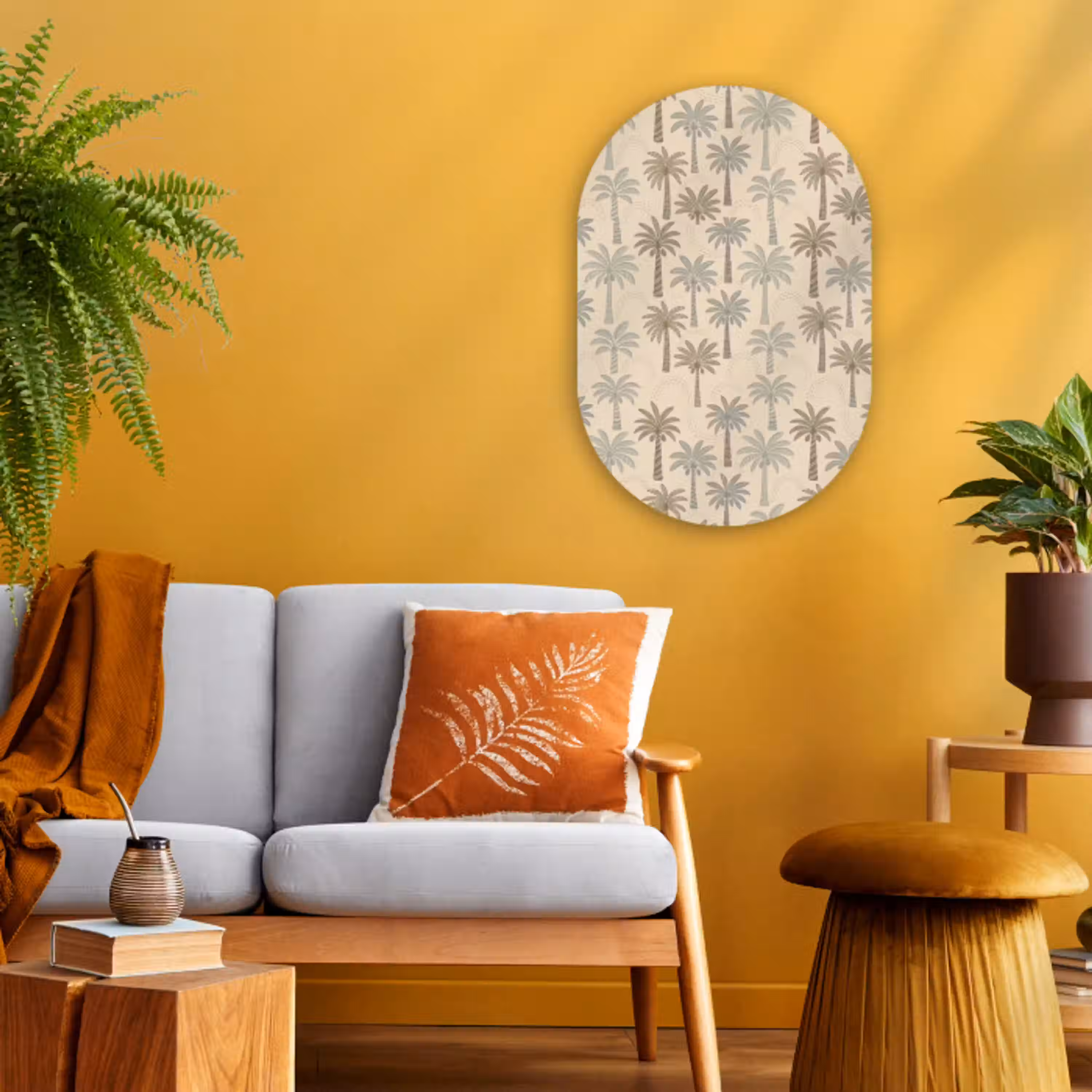 Palmbomen - Patroon - Tropisch - Beige Wandcirkel Ovaal Forex klein -sfeer4