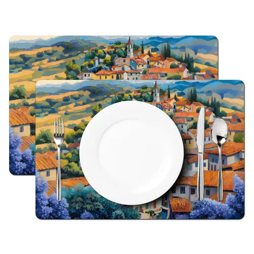 Dorp - Heuvels - Landschap - Bomen Placemat vinyl groot -zzsfeer2_Kitchenyeah-website