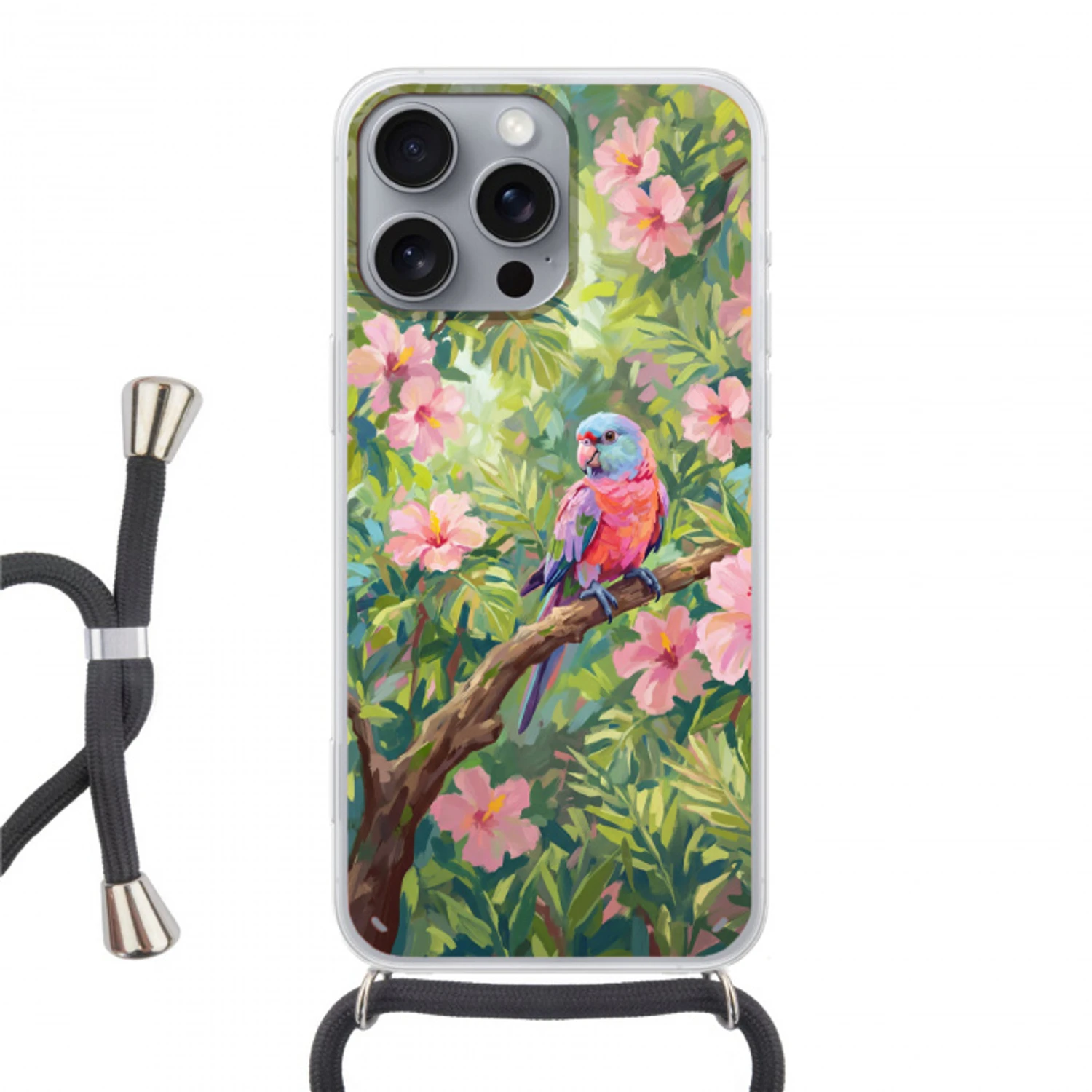 Papagaai - Hibiscusbloemen - Kleurrijk Hoesje iPhone 16 Pro Max met koord klein -3d