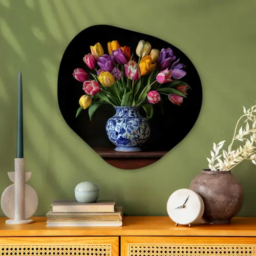 Tulpen - Kleuren - Hout - Vaas Wandcirkel Organisch Plexiglas middel -sfeer2