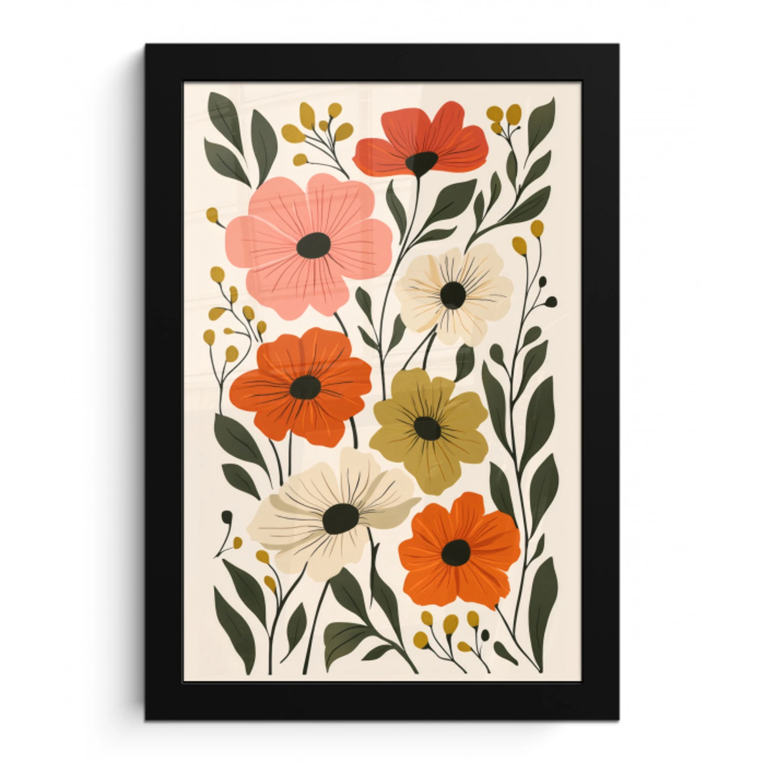 Veldbloemen - Stengels - Blaadjes - Groen fotolijst zwart zonder passe partout klein -3d