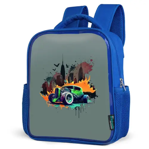 Auto in spookstad Kinderrugzak - Blauw middel -schuin