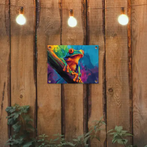 Kikker - Felgekleurd - Tak - Regenboog tuinposter los doek klein -sfeer1