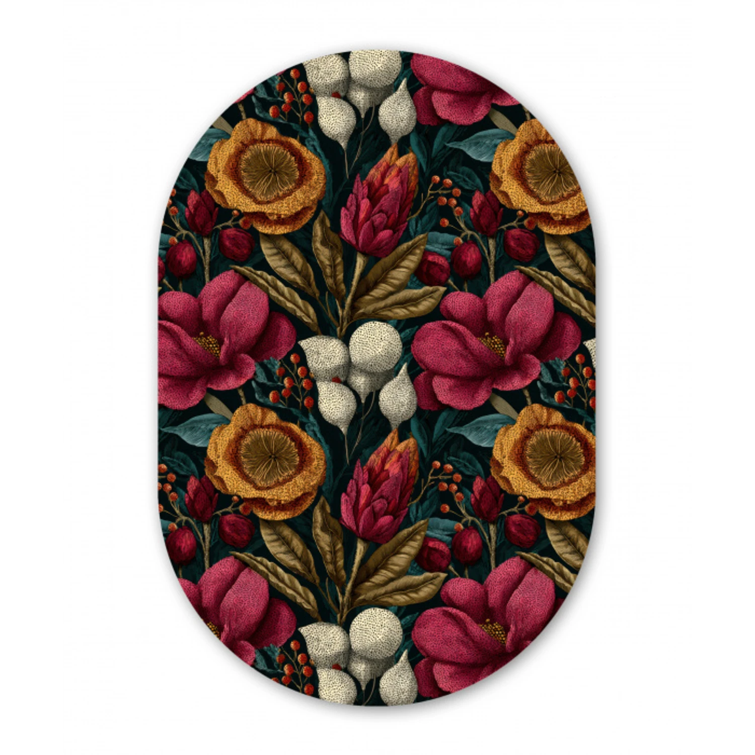 Bloemen - Patroon - Rood - Goud Wandcirkel Ovaal Aluminium middel 839 -3d