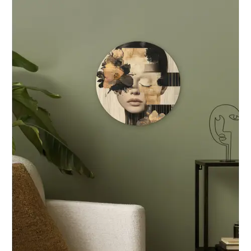 Gezicht - Bloemen - Zwart - Vrouw Wandcirkel kunststof plaat 5mm dik klein -sfeer3