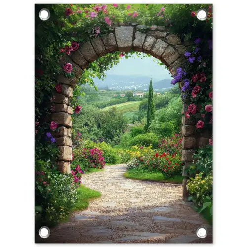 Doorkijk - Landschap - Bloemen - Pad - Uitzicht tuinposter los doek klein -3d