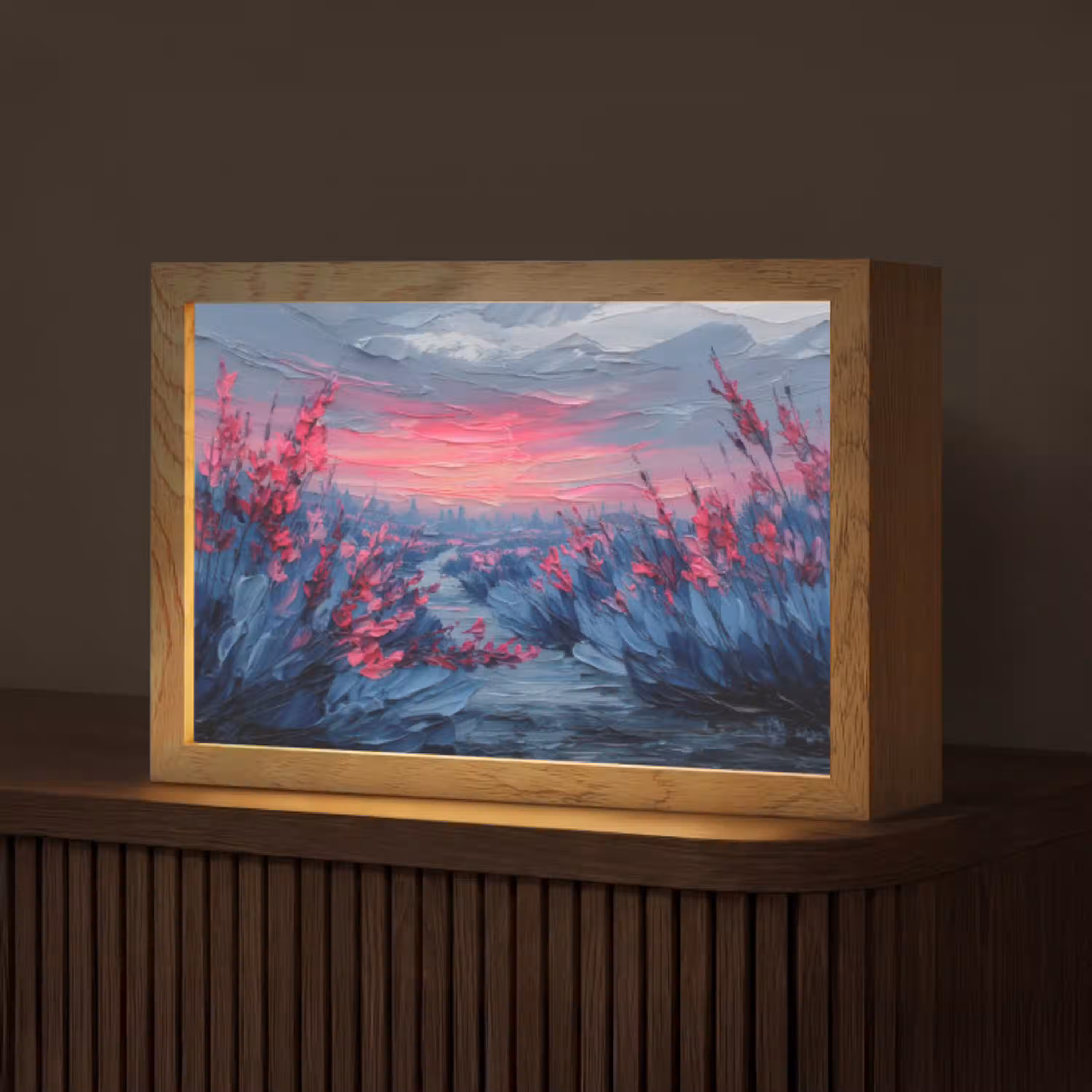 Schilderij - Zonsondergang - Bloemen - Rivier Light Box met kabel (Tafellamp) klein -z3d_website