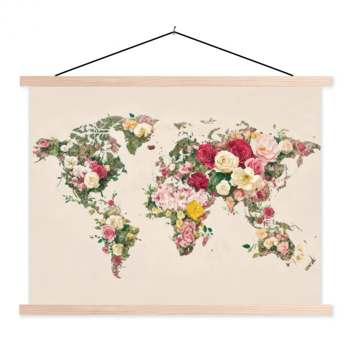 Wereldkaart - Bloemen - Roze textielposter latten blank klein -3d