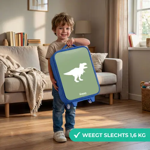 Groen met T-rex dino Kinderkoffer - Blauw klein -sfeer2_NL