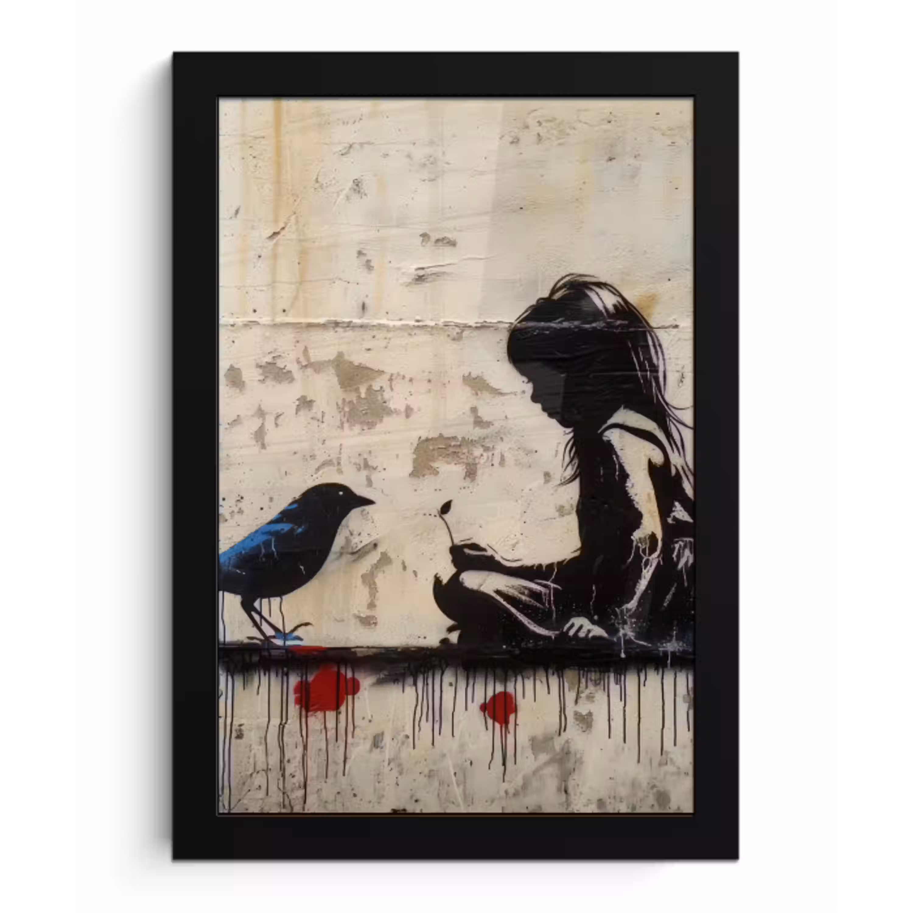 Street art - Meisje - Vogel - Graffiti - Banksy fotolijst zwart zonder passe partout klein -3d