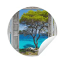 Boom - Tropisch - Zee - Doorkijk - Strand Wandcirkel tuinposter met ringen klein -3d