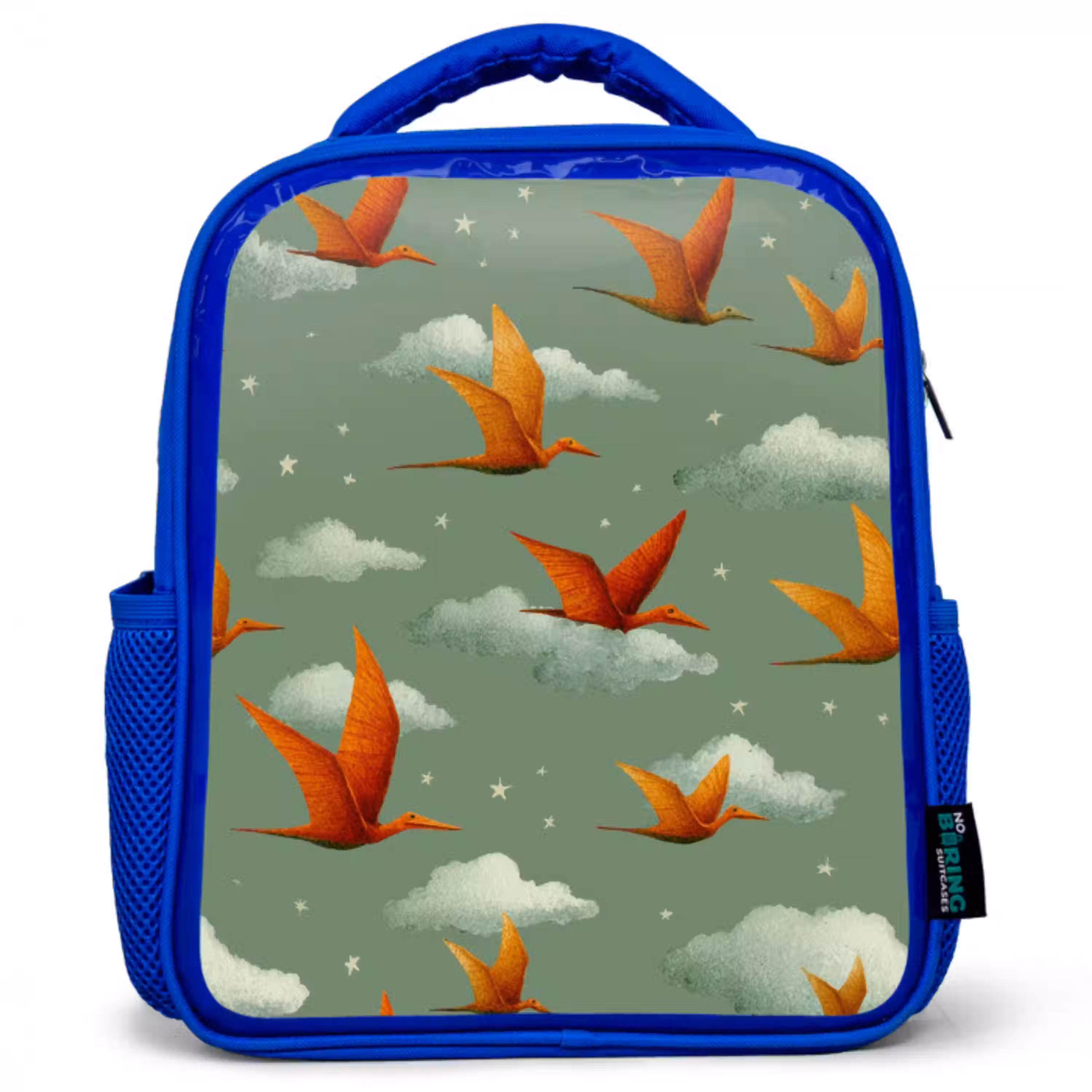 Dinosaurussen - Wolken - Sterren - Oranje Kinderrugzak - Blauw middel -3d