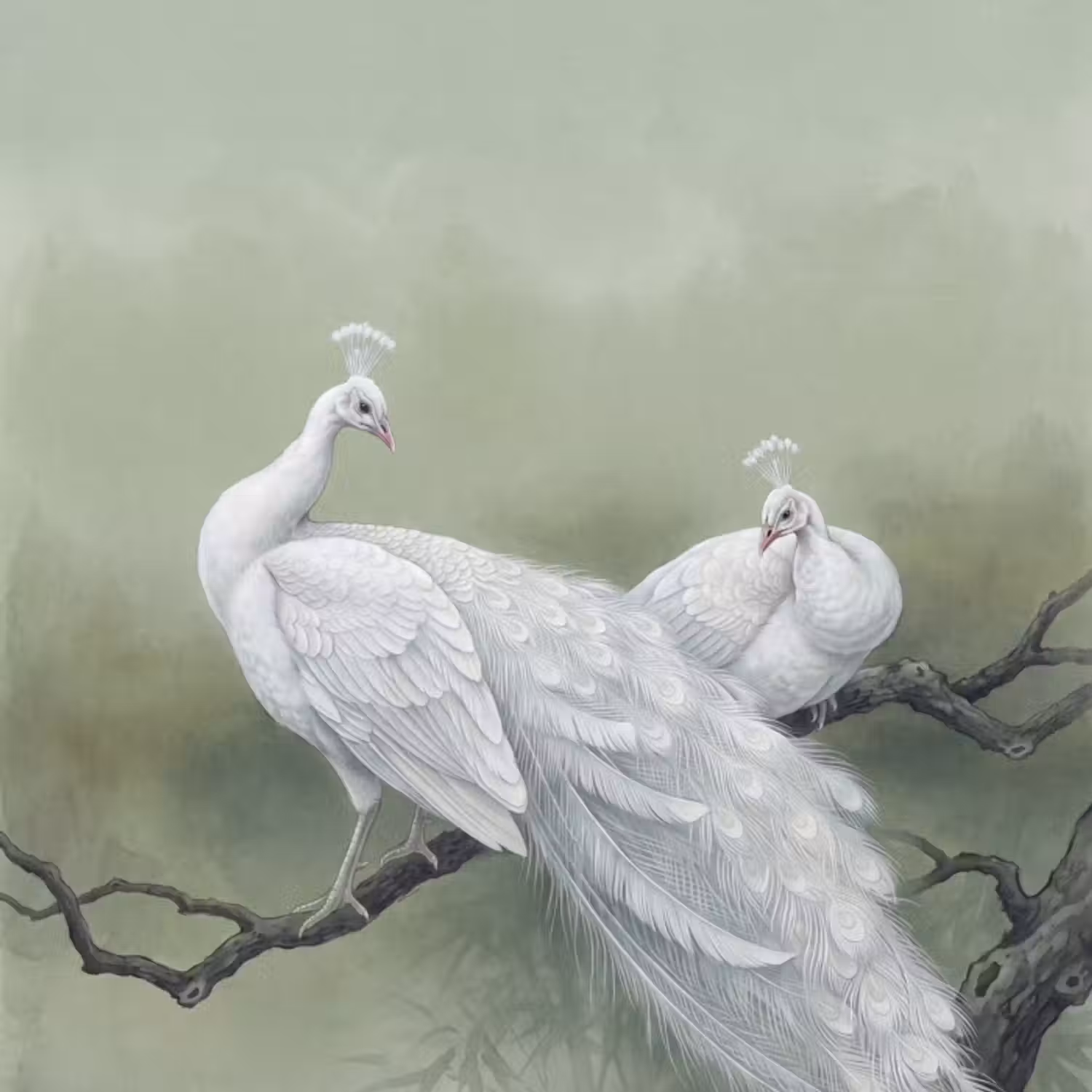 Behang - Pauwen - Wit - Natuur - Groen