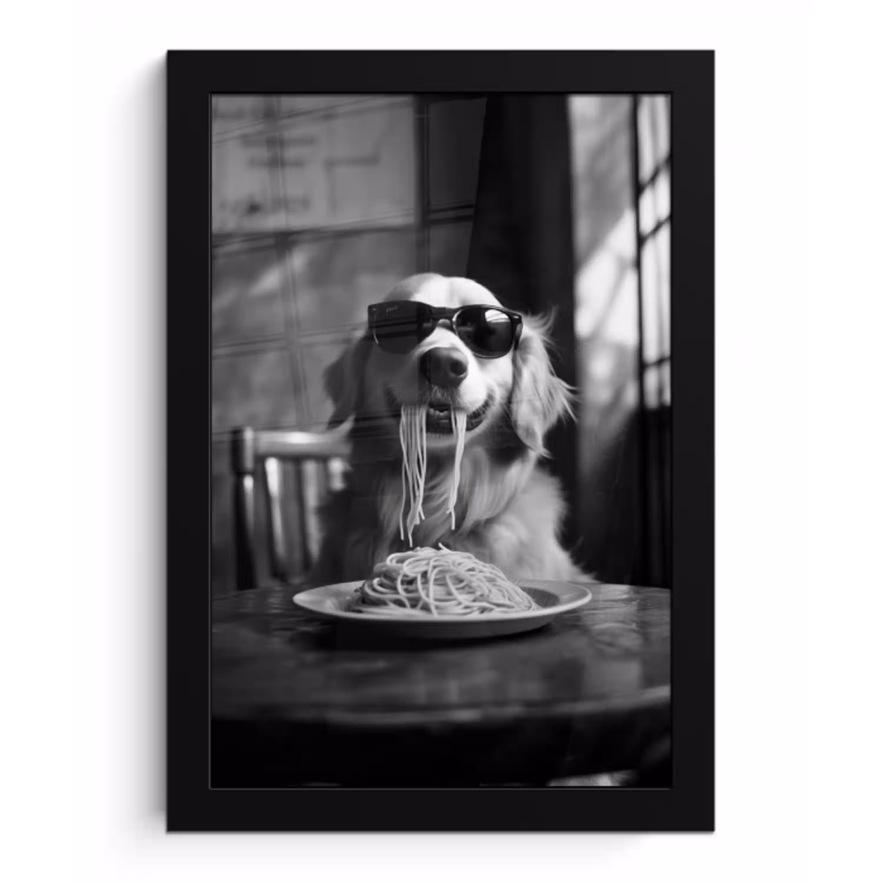 Golden Retriever - Hond - Vrolijk -  Bord spaghetti - Zwart - wit fotolijst zwart zonder passe partout klein -3d