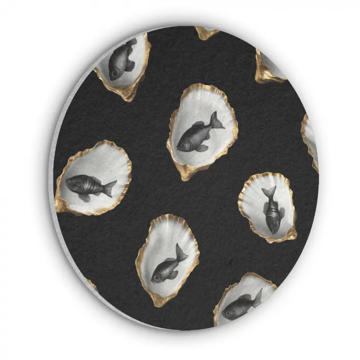 Oesters - Zwart - Vissen - Goud Akoestische PET Vilt - Rond klein -3d