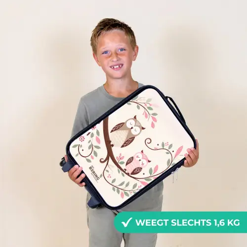 Twee uilen op een tak met roze en groene bladeren Kinderkoffer - Zwart klein -sfeer4_NL
