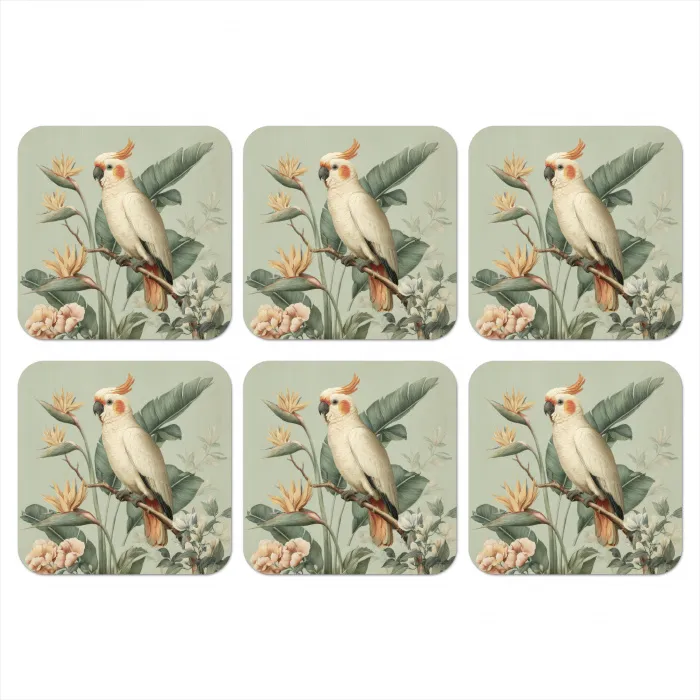 Gele kuifkaketoe - paradijsvogelbloemen - Groen onderzetter kurk middel -3d