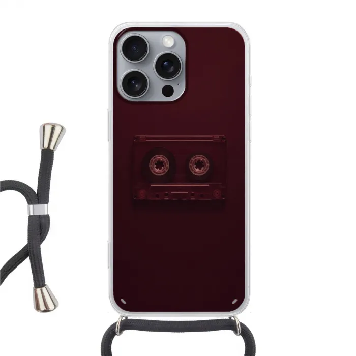 Cassetteband - Bordeaux - Vintage Hoesje iPhone 16 Pro Max met koord klein -3d