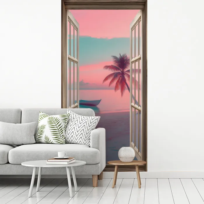 Doorkijk - Strand - Palmboom - Tropisch fotobehang vinyl groot -woonkamer