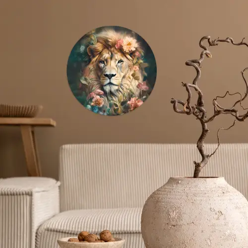 Leeuw - Leeuwenkop - Wilde dieren - Bloemen Wandcirkel behangsticker klein -sfeer1