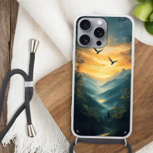 Vogels - Zon - Bomen - Groen Hoesje iPhone 16 Pro Max met koord klein -sfeer4