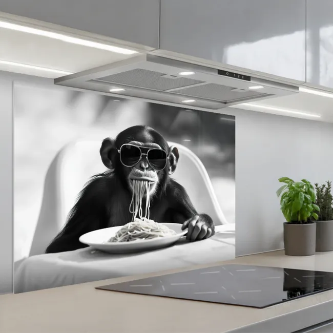 Spritzschutz Küche - Affe - Spaghetti - Sonnenbrille - Schwarz und weiß - Cool - Tier
