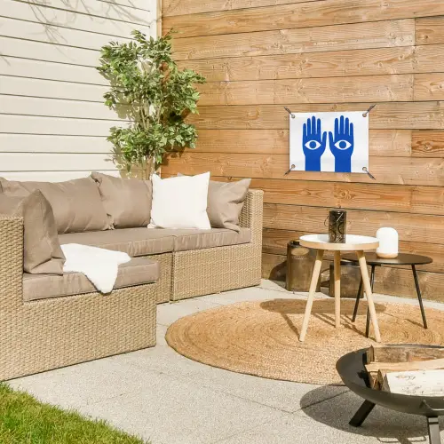 Handen - Twee - Ogen - Blauw tuinposter los doek klein -sfeer4