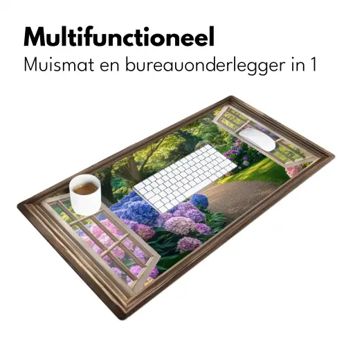 Doorkijk - Tuin - Raam - Hortensia - Bloemen Muismat XXL klein -sfeer4