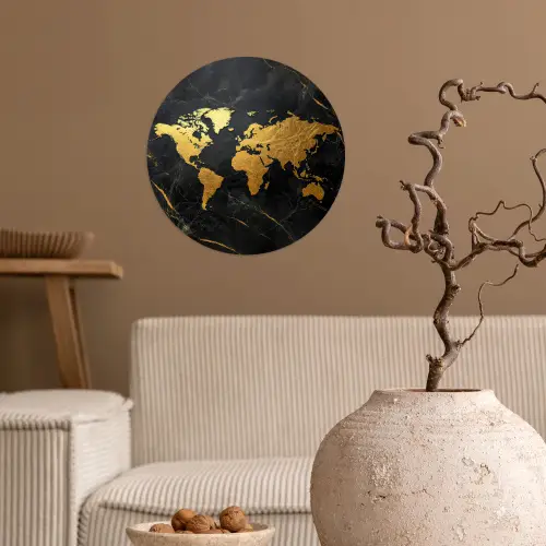 Wereldkaart - Goud - Marmer Wandcirkel behangsticker klein -sfeer1