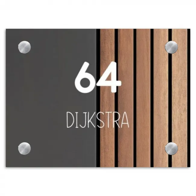 Hout en antraciet - Modern Naambord Rechthoek middel -3d