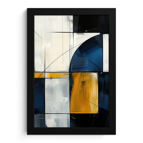 Abstract - Vormen - Goud - Blauw - Geometrisch fotolijst zwart zonder passe partout klein -3d