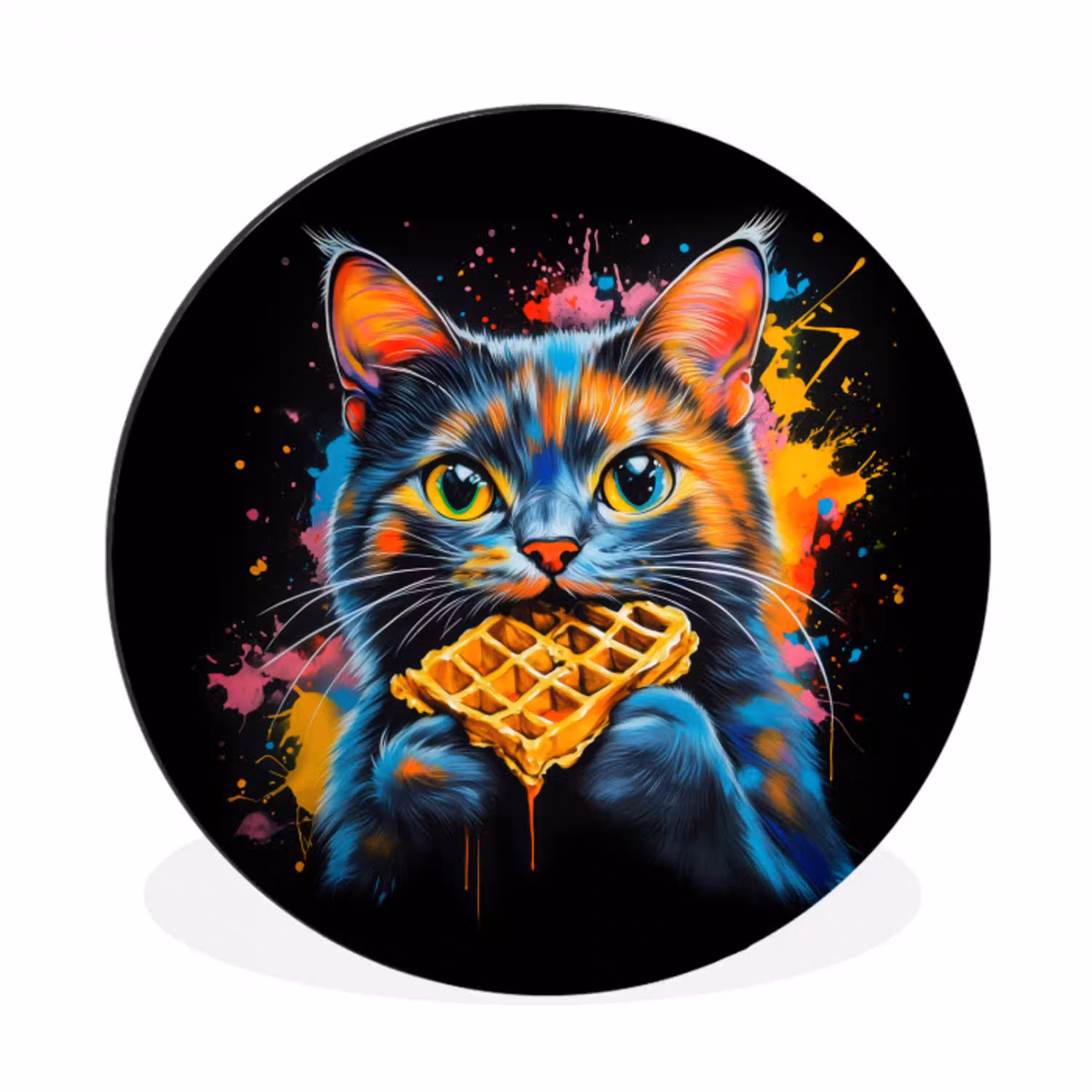 Kat - Graffiti - Kleurrijk - Wafel - Eten Wandcirkel aluminium klein -3d