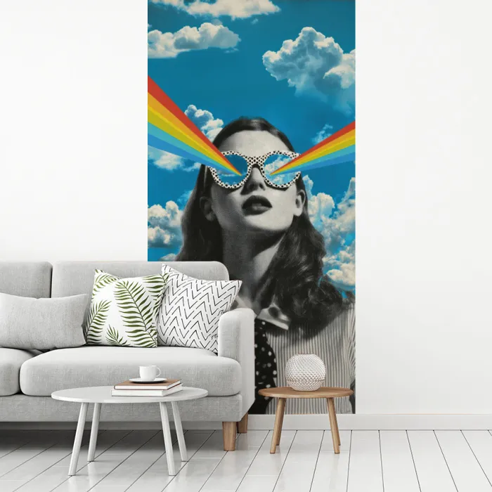Vrouw - Bril - Regenboog - Wolken fotobehang vinyl groot -woonkamer