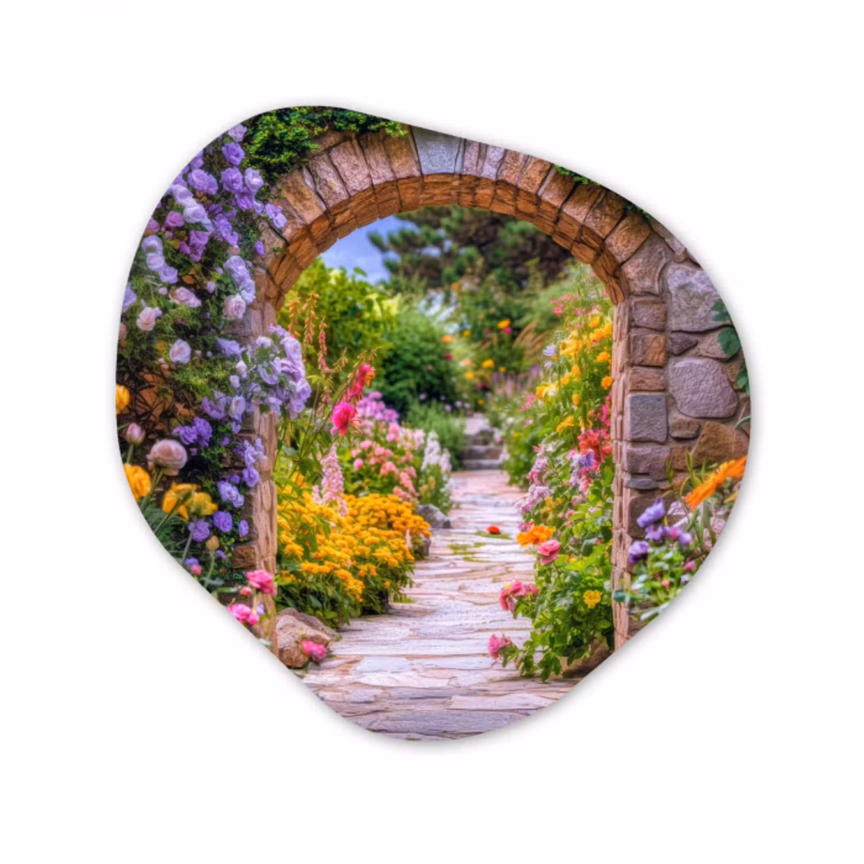 Doorkijk - Bloemen - Pad - Natuur Wandcirkel Organisch Plexiglas middel -3d