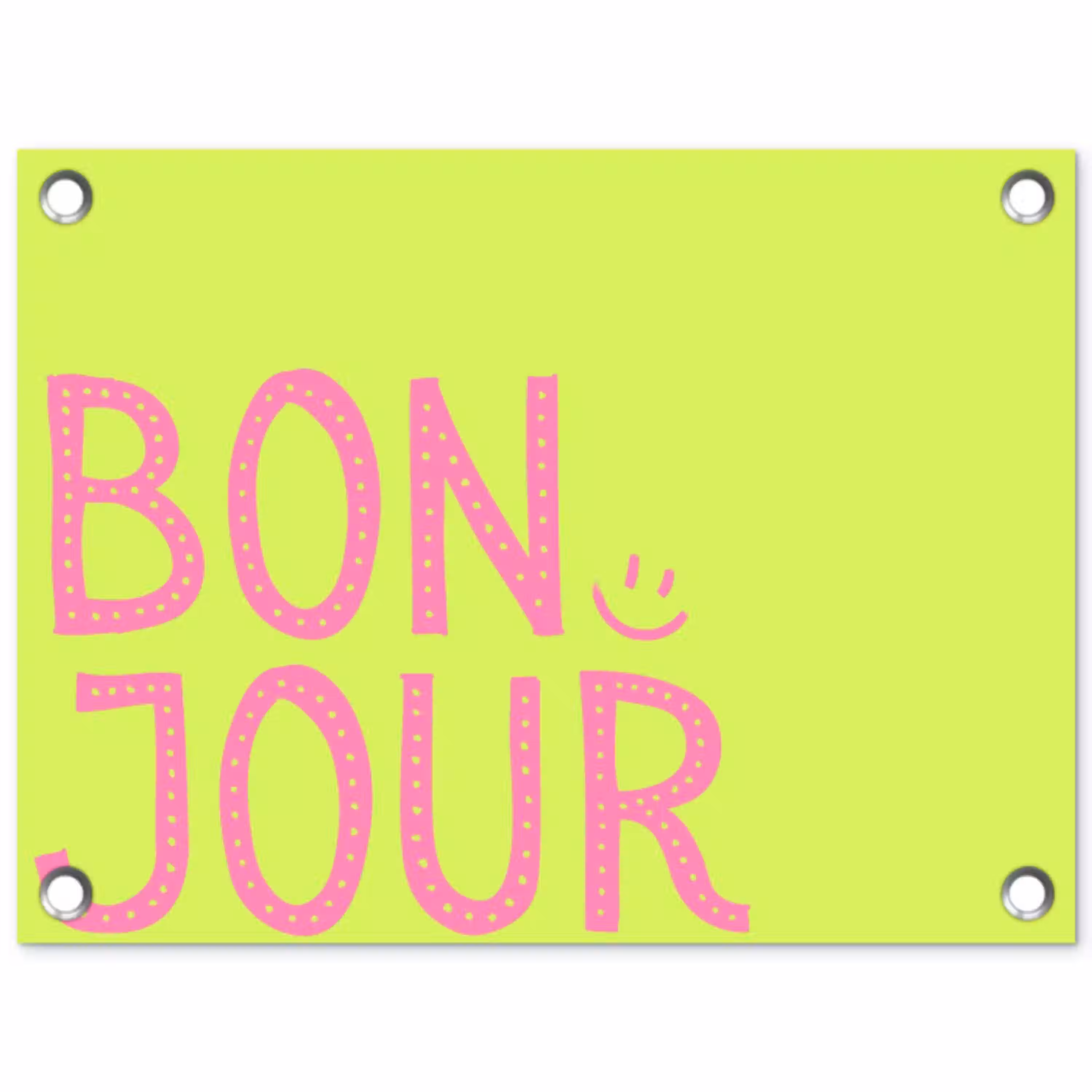 Groen - Smiley - Bonjour - Roze tuinposter los doek klein -3d
