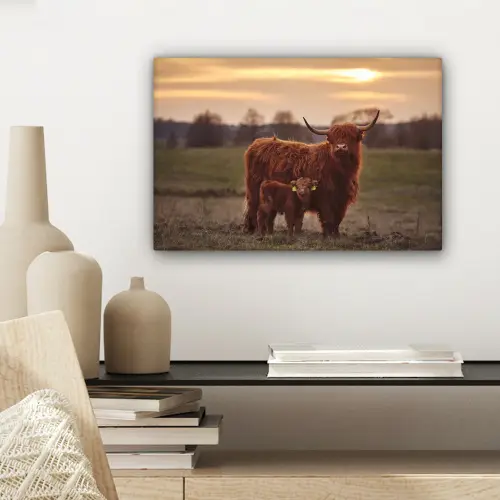 Schotse hooglander - Dieren - Landschap - Zonsondergang - Koe canvas 2cm klein -sfeer6