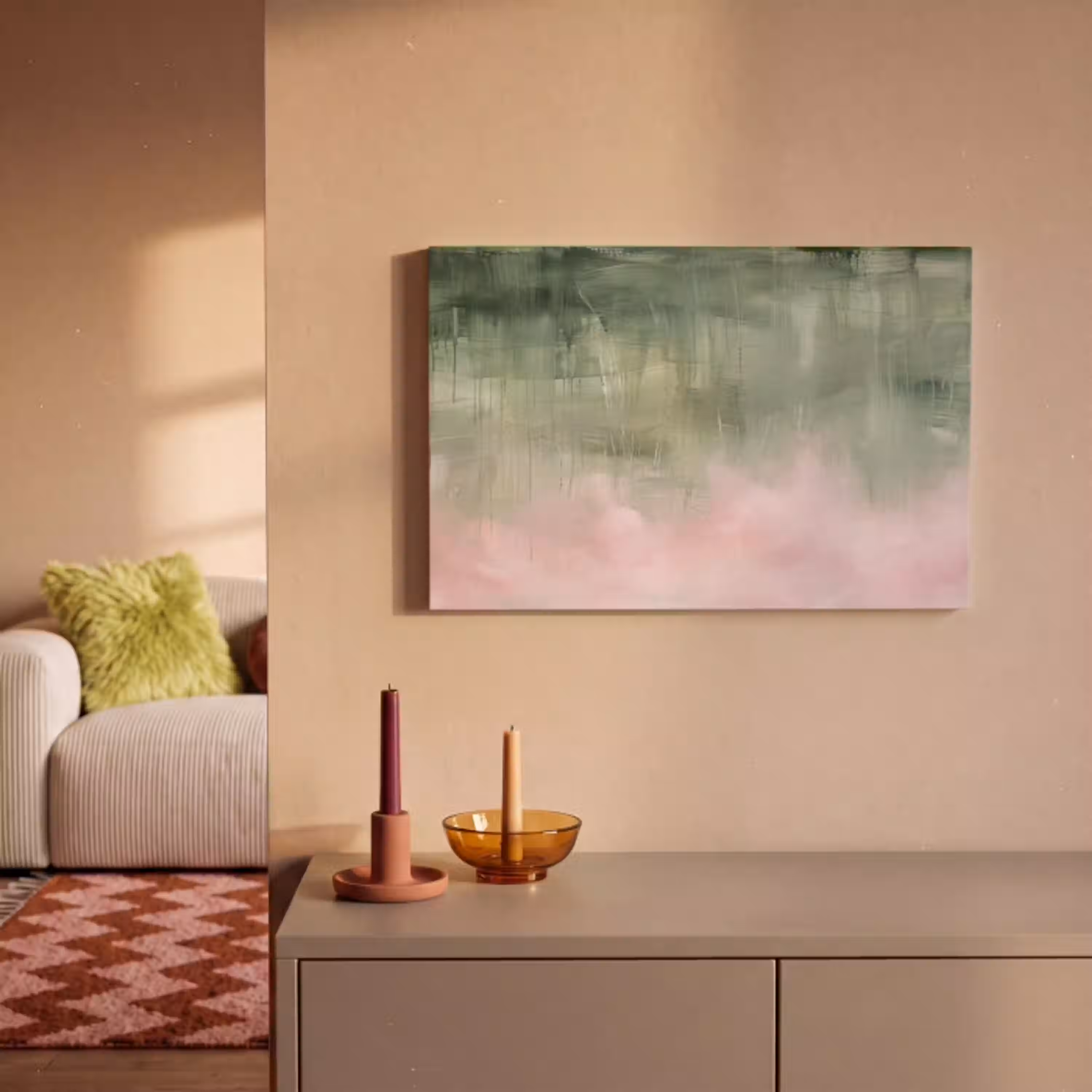 Kunst - Abstract - Modern - Groen - Roze canvas 2cm klein -sfeer1
