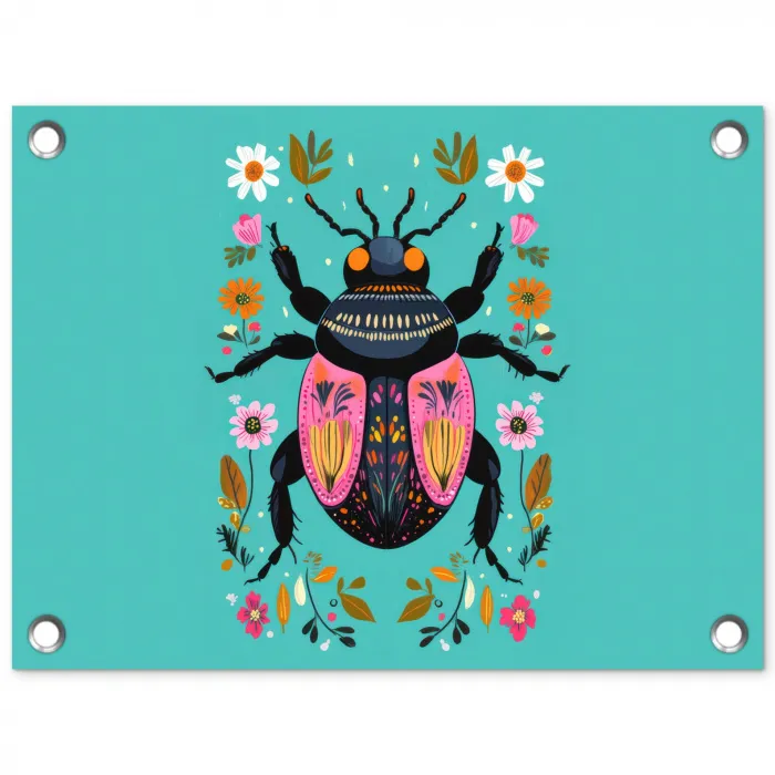 Kever - Bloemmotieven - Turquoise - Bladeren tuinposter los doek klein -3d
