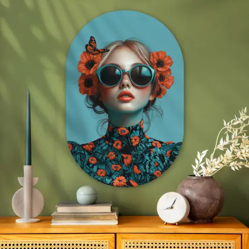 Vrouw - Blauw - Vlinder - Bloemen - Aesthetic Wandcirkel Ovaal Glas middel -sfeer2