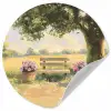 Houten bankje - Bloempotten - Landschap Wandcirkel behangsticker klein -3d
