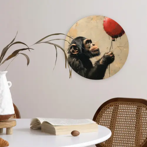 Street art - Chimpansee - Ballon - Graffiti - Banksy Wandcirkel kunststof plaat 5mm dik klein -sfeer4