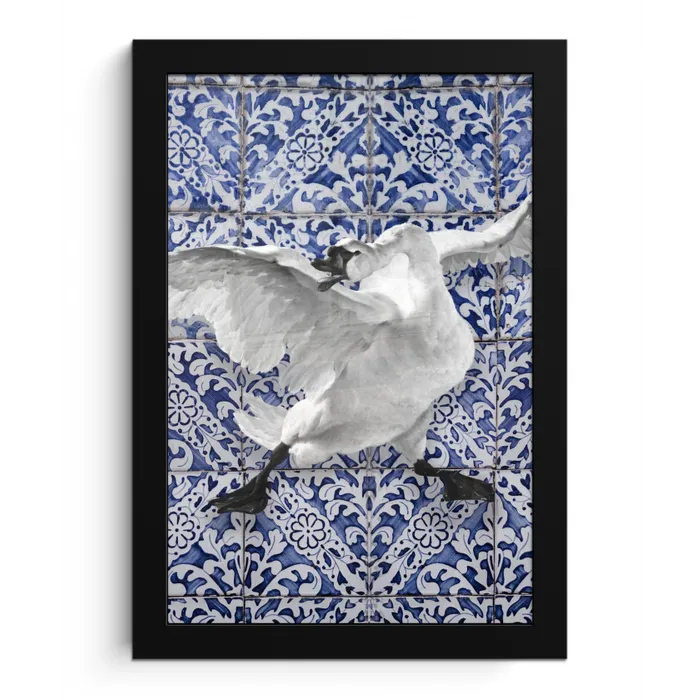 Zwaan - Kunst - Delfts blauw - Schilderij - Oude meesters fotolijst zwart zonder passe partout klein -3d
