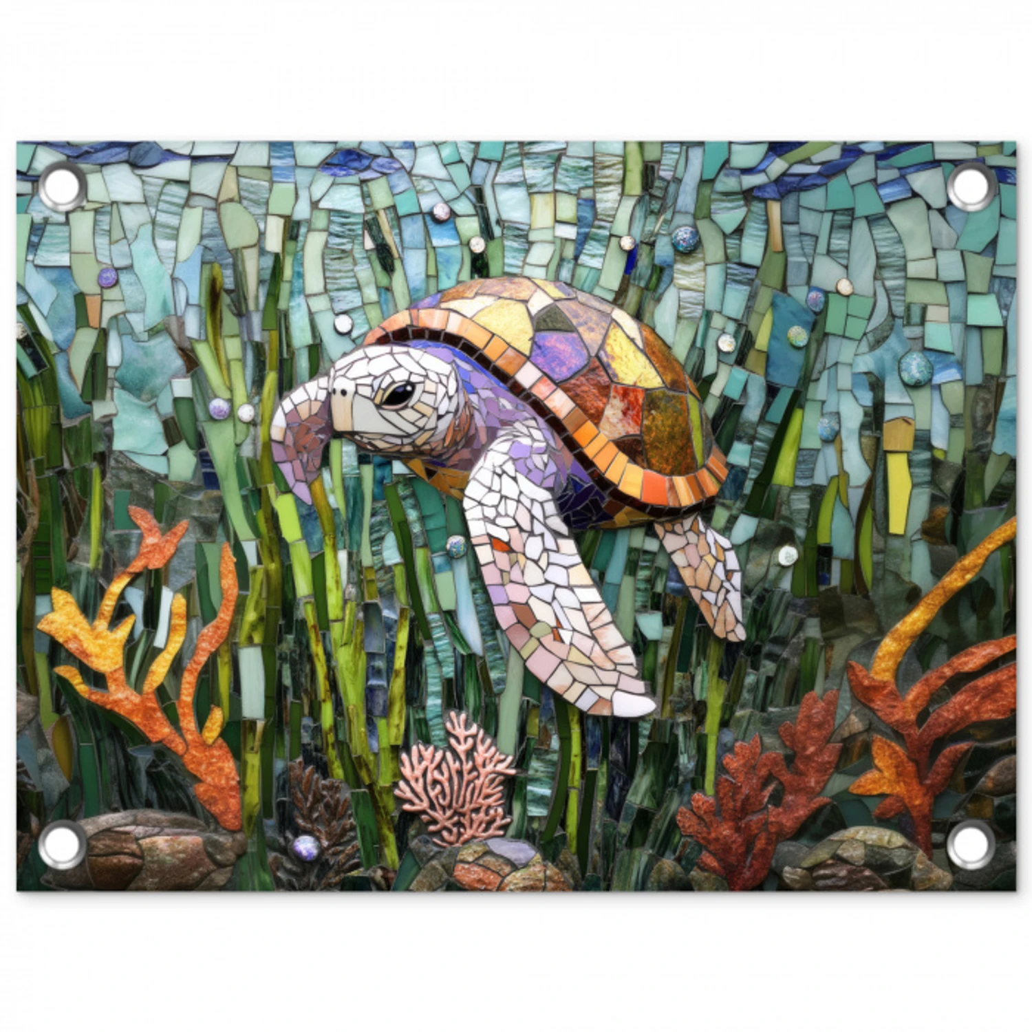 Schildpad - Zeewier - Mozaïek tuinposter los doek klein -3d