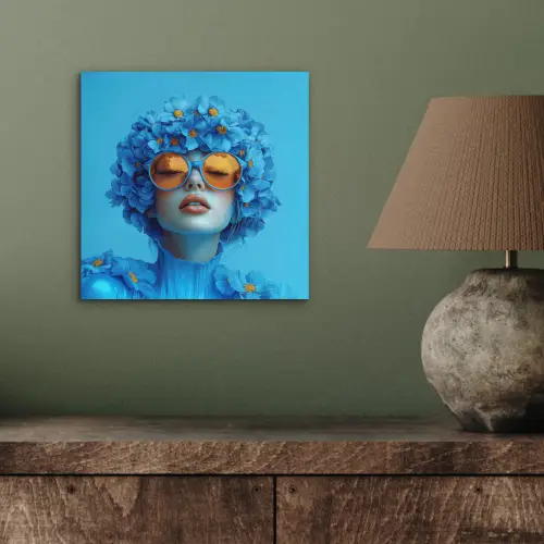 Vrouw - Bloem - Blauw - Modern - Bril - Portret aluminium wit klein -sfeer2