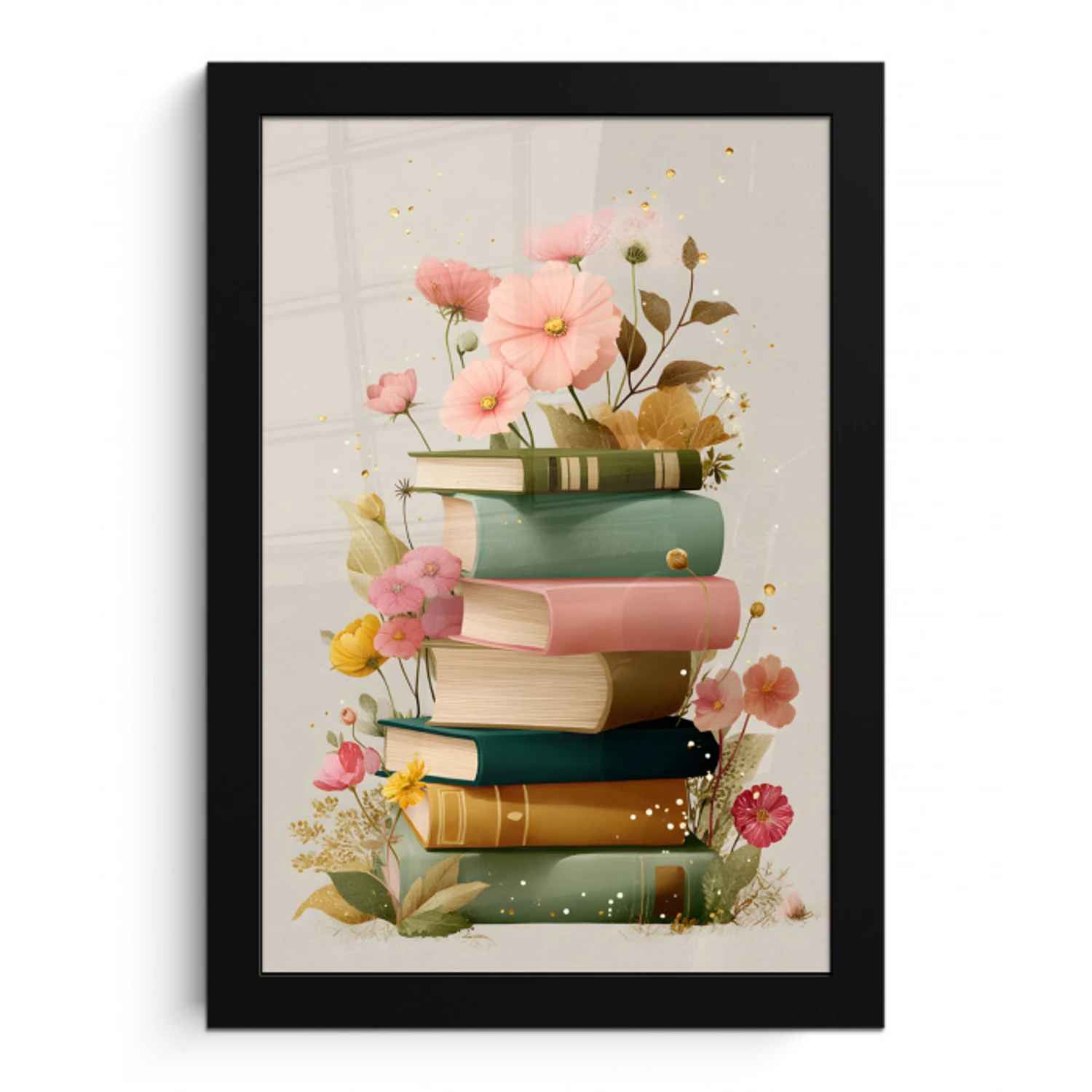 Boeken - Stapel - Bloemen - Kleurrijk fotolijst zwart zonder passe partout klein -3d